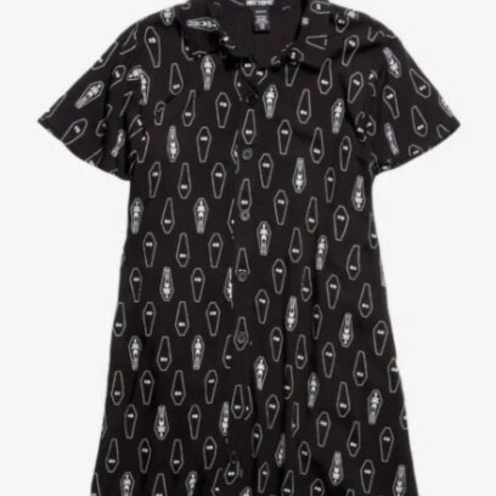 Hot Topic Black White Coffin Skeleton Collared Shirt Dress Goth Skater Large